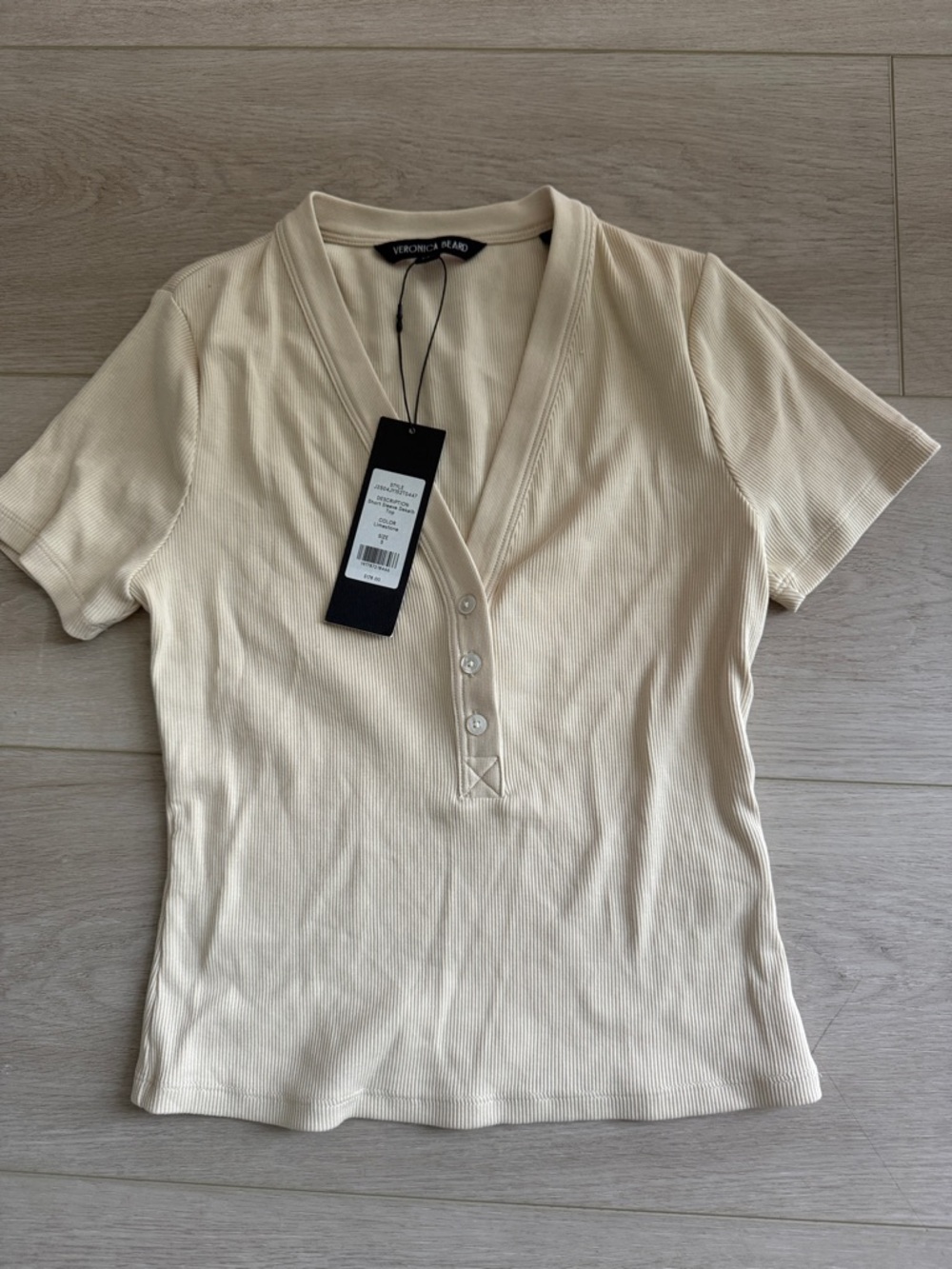 Veronica Beard Short-Sleeve Ribbed V-Neck Tee in Cream